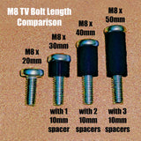 TV Screws/Bolts Mounting Kit • Long M8x30mm bolts/screws for mounting TV to wall bracket • 10mm Long Spacers • Washers & Cable Ties