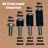 TV Screws/Bolts Mounting Kit • X Long M8x40mm bolts/screws for mounting TV to wall bracket • 20mm Long Spacers • Washers & Cable Ties